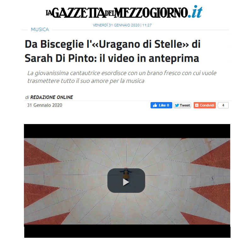 Sarah Di Pinto su La Gazzetta del Mezzogiorno -  "Uragano di Stelle"  - Anteprima video del 31-01-2020.
